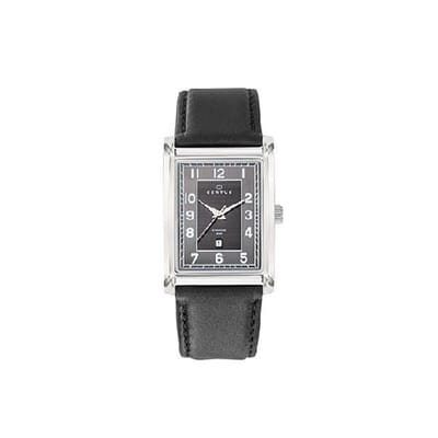Certus-model 611271-horloge-heren-datum-zilverkleurig-zwart lederen band-zwarte wijzerplaat-rechthoekig 28x41 mm-5 atm waterdicht-gemaakt in Frankrijk