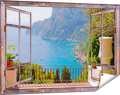 Gards Tuinposter Doorkijk Vergezicht vanaf het Terras op Bergen - 120x80 cm - Tuindoek - Tuindecoratie - Wanddecoratie buiten - Tuinschilderij