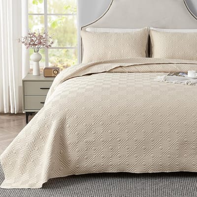 Famanu - 3-delige bedsprei set 240x260 cm beige, luchtig geometrisch patroon met kussenslopen