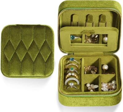 Velvet Sieradenkistje - Reis Organizer - Sieraden Opbergen - Met Verstelbare Vakken - Compact Formaat - Mosgroen
