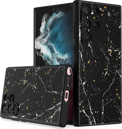 LuxeBass Siliconen hoesje met print geschikt voor Samsung Galaxy S22 Ultra - Marmer Black - telefoonhoes - gsm hoes - telefoonhoesje