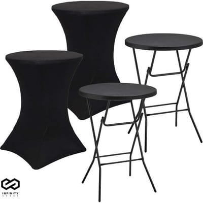 Infinity Goods 2x Stevige Zwarte Statafel + 2x Zwarte Statafelrok - Partytafel - Robuust en Weersbestendig - Inklapbaar - 80cm x 110cm - Feest