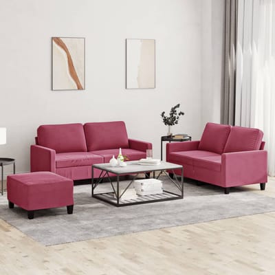 vidaXL - 3-delige - Loungeset - met - kussens - fluweel - wijnrood