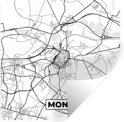 Muurstickers - Sticker Folie - Stadskaart – Plattegrond – België – Zwart Wit – Mons – Kaart - 100x100 cm - Plakfolie - Muurstickers Kinderkamer - Zelfklevend Behang XXL - Zelfklevend behangpapier - Stickerfolie