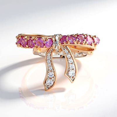 Cavill - Zilveren ring 925 Sterling met 1,77 ct Roze Saffier Peervorm en Witte Zirkonia's - Verstelbaar Damesring met Strik