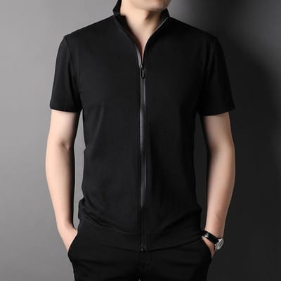 Zomerkleding T-shirt met korte mouwen Heren Recht Casual Britse Stijl Jeugd Dun Rits Vest Revers Basis Katoen T M black