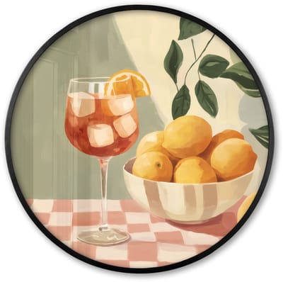 Poster in lijst Rond - Fotolijst 60x60 cm - Posters - Citroenen - Glas - Tafelkleed - Geblokt - Ronde posterlijst zwart - Decoratie - Wanddecoratie woonkamer - Muurdecoratie slaapkamer