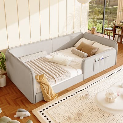 Eenpersoonsbed 90x200 - Beige linnen bedframe - Gestoffeerd bed - Met opbergvakken - 209x98x55 cm - Veiligheidsrand - Voor kleine slaapkamers Beige