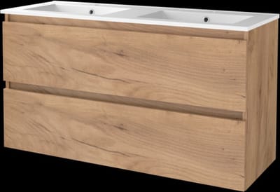 Basic Start 46 badmeubelset met greeploze wastafelonderkast met 4 lades en porseleinen wastafel met 2 kraangaten 120 x 46 cm, whisky oak