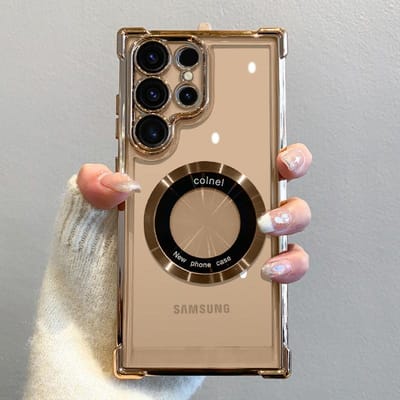 Luxe Vergulde Magnetische Draadloze Oplaadhoes Voor Samsung S25 S24 Ultra S23 FE S22 Plus S21 Note 20 Clear Lens Beschermhoes For S23 gray