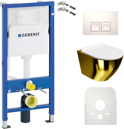 GEBERIT DUOFIX SOFI SLIM GOUD/WIT - Inbouwreservoir - Witte Delta plaat - Rimless goud-wit wandcloset - Toiletset
