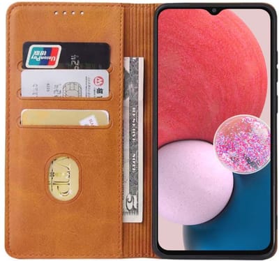 Smartphonica Samsung Galaxy A13 4G kunstleren hoesje met magnetische sluiting en pashouders book case - Bruin geschikt voor Samsung Galaxy A13 4G