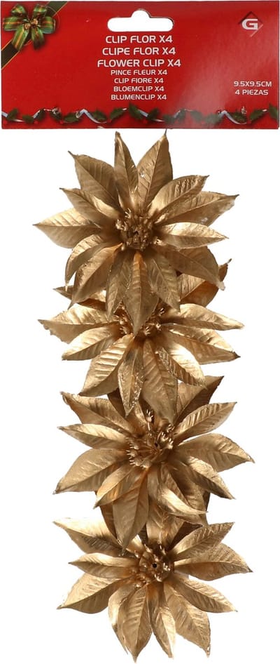 Decoratie bloemen - op clip - 4x - goud - 9,5 cm - kunststof - kerstbloemen - Kerstboom ornamenten