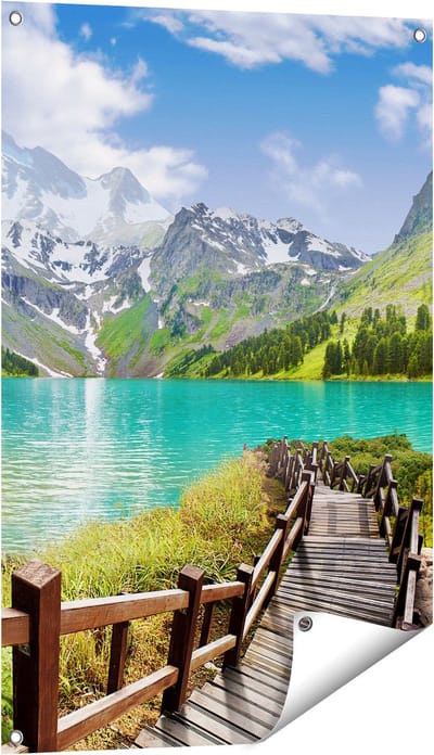 Gards Tuinposter Pad naar een Helder Blauw Meer in de Bergen - 60x90 cm - Tuindoek - Tuindecoratie - Wanddecoratie buiten - Tuinschilderij