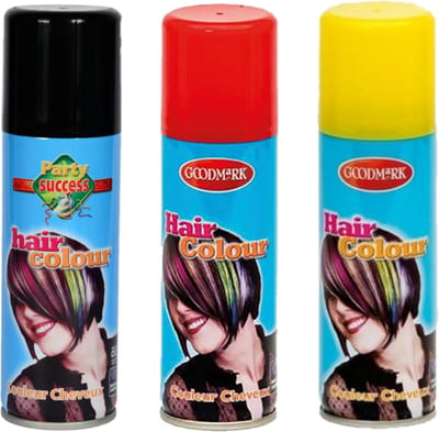 Goodmark Carnaval verkleed haarverf - haarspray - 3 kleuren - geel-zwart-rood - 125 ml per flacon - verven - Belgie - Duitsland