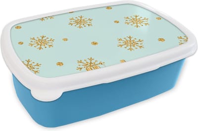 Broodtrommel Blauw - Lunchbox - Brooddoos - Kerst - Patroon - Sneeuw - Goud - 18x12x6 cm - Kinderen - Jongen