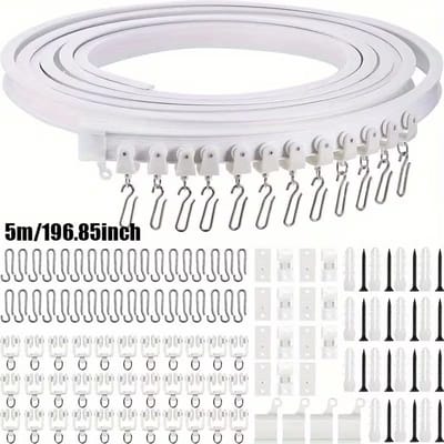 196,85 Inch Witte Gordijnrailset - Flexibele, Buigbare Plafondmontageset Met Metalen Haken En Beugels - Klassieke Kunststof Gordijnrail Voor Soepel Glijdende Ramen