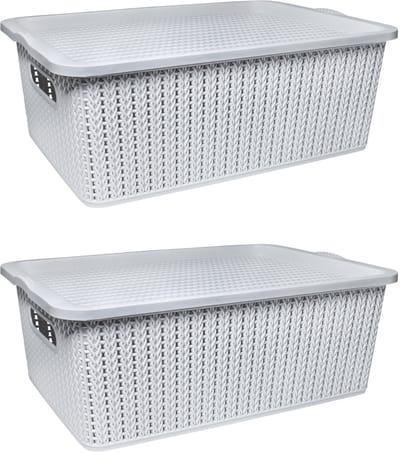 QUVIO Opbergmand met deksel - Opbergmanden - Opbergmand kinderkamer - Opbergmand - Kunststof - 27,5 x 31 x 14,5 cm - Set van 2