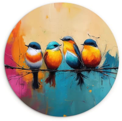 WallCircle® Wandcirkel 120x120 cm - Muurcirkel Vogels - Kleurrijk - Tak - Abstract - Muurdecoratie woonkamer - Wanddecoratie slaapkamer - Kamer decoratie accessoires - Ronde schilderijen XXL