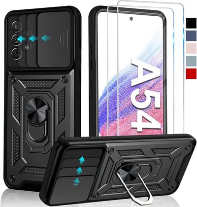 Hoesje Geschikt Voor Samsung Galaxy A54 hoesje Zwart met Ring Houder en camera bescherming - Galaxy A54 Screenprotector - 2 stuks