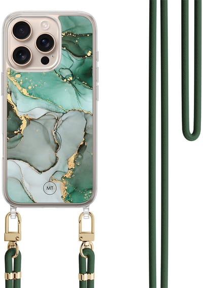Hoesje met koord geschikt voor iPhone 16 Pro Max - Marble Design - Inclusief zwart koord - Crossbody beschermhoes - Transparant, Grijs, Groen - Mooie Telefoonhoesjes