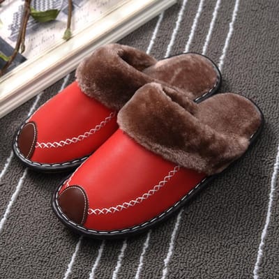 Herenpantoffels Zwarte Winter PU Leren Pantoffels Warme Binnenpantoffel Waterdichte Huis Huisschoenen Dames Warme Leren Pantoffels 37-38 rood