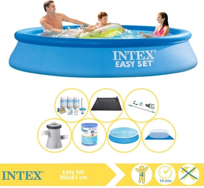 Intex Rond Opblaasbaar Easy Set Zwembad - 305 x 61 cm - Blauw - Inclusief Solarzeil - Onderhoudspakket - Zwembadfilterpomp - Filter - Grondzeil - Stofzuiger - Solar Mat - 8-delig