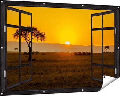 Gards Tuinposter Doorkijk Zonsopgang in de Savanne met een Boom - 150x100 cm - Tuindoek - Tuindecoratie - Wanddecoratie buiten - Tuinschilderij