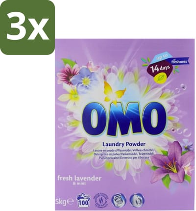 3 x Omo - Waspoeder - Lavendel & Mint - 5 kg - 100 Wasbeurten - Waspoeder - Wasmiddel - Lavendel En Mint - Reiniging - Wasbeurt