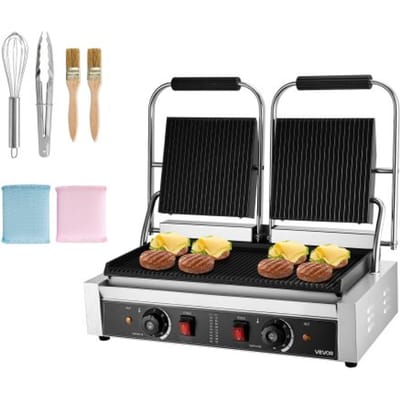 VEVOR Commerciële Contactgrill 3600 W Elektrische Grill Sandwichmaker (Dubbele Bakplaten) Panini-pers Roestvrij Staal met Temperatuurregeling, 48 x 23 cm Geribbelde Emaille Plaat voor Hamburgers, Steaks, Spek
