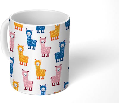 Mok - Koffiemok - Lama - Dieren - Patronen - Roze - Blauw - Mokken - 350 ML - Beker - Koffiemokken - Theemok