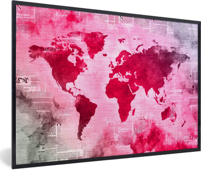 Poster in lijst - Fotolijst 120x80 cm - Posters - Wereldkaart - Rood - Krant - Posterlijst zwart - Decoratie - Wanddecoratie woonkamer - Muurdecoratie slaapkamer