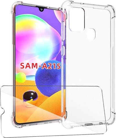 HB Hoesje en Glas Geschikt voor Samsung Galaxy A21S - Transparant - Anti Shock Hybrid Back Cover + 1x Glazen Screenprotector