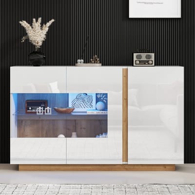 MODFU Opbergkast 138x38,5x90,5 cm van spaanplaat, met 3 deuren en RGB LED, wit hoogglans