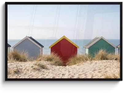 Poster in lijst - Fotolijst 120x80 cm - Posters - Strand - Huisjes - Kleurrijk - Duinen - Posterlijst zwart - Decoratie - Wanddecoratie woonkamer - Muurdecoratie slaapkamer