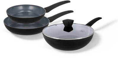 BE Living Pannenset 3-delig - Ø 24 & 28 cm Koekenpan + Ø 28 cm Wokpan met Deksel - Koekenpannenset - Keramisch - Inductie Pannen - PFAS Vrij Anti Aanbak - Delight Series