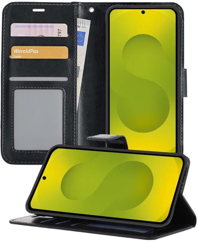 Hoesje - Met Pasjeshouder - Geschikt voor Samsung Galaxy S25 Edge - Luxe Bookcase Portemonee - Flip Case - Kunstleer Book Case - Flipcase - Book Cover - Walletcase - Portemonneehoes - Telefoonhoesjes - Zwart