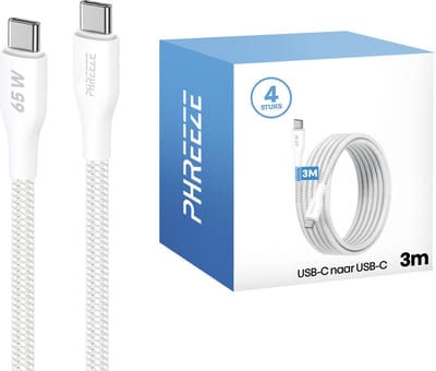 Usb C kabels 3 meter - 4 pack - 65w fast charge & 480mbps data - Stevig nylon - Phreeze