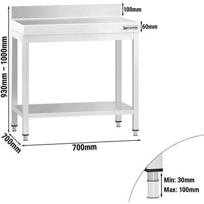 GGM Gastro Edelstahl Arbeitstisch PREMIUM - 700x700mm - mit Grundboden & Aufkantung Zilver