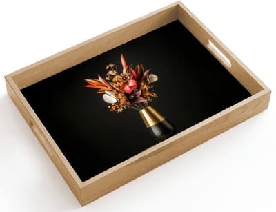 Dienblad hout 40x30 cm - Schootdienblad - Exotisch - Boeket - Vaas - Goud - Borrelplank rechthoek - Plateau dienbladen