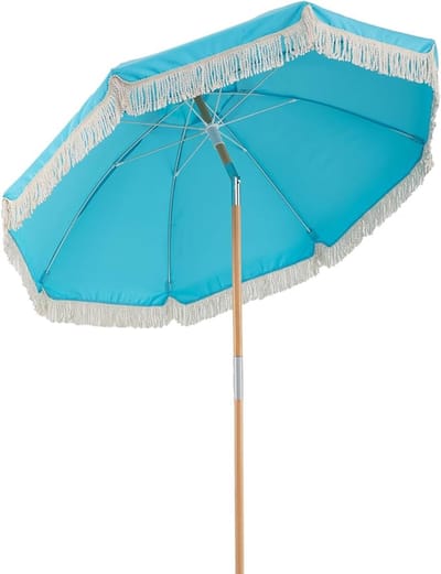 KOMFOTTEU Strandparasol - met kwastjes - parasol met houten paal - 30° kantelbar - terrasparasol Bohemian - met 8 baleinen - voor tuin en balkon