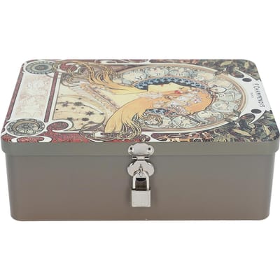 Boîte de rangement en métal Vintage Boîte à bijoux avec couvercle et serrure Boîte de rangement cosmétique pour économiser l'argent pour boucles d'oreilles collier beige