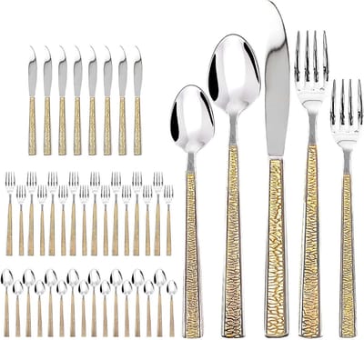 40-delige RVS Bestekset voor 8 Personen met Gouden Rand, Inclusief Messen, Vorken en Lepels, Vaatwasserbestendig, Perfect voor Bruiloften en Huiskamerfeesten