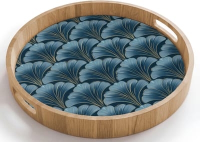 Dienblad rond 40x40 cm - Schootdienblad hout - Patroon - Ginkgoblad - Blauw - Borrelplank rechthoek - Plateau houten dienbladen