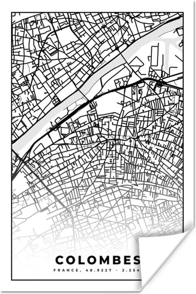 Poster Stadskaart - Colombes - Plattegrond - Kaart - Frankrijk - Zwart wit - 120x180 cm XXL