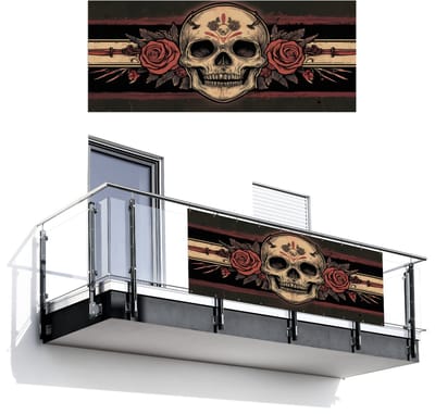 Balkonscherm 300x120 cm - Balkonposter Schedel - Rozen - Gotisch - Balkon scherm decoratie - Balkonschermen - Balkondoek zonnescherm
