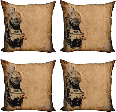 ABAKUHAUS Stoomlocomotief Kussenhoes 4-pack, Aged Iron Train, Modern Accent Dubbelzijdige Digitale Print, 40 x 40 cm, Bruin