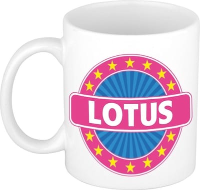 Bellatio Decorations - Lotus voornaam - koffiemok - beker - wit/roze - 300 ml - Cadeau - Dames - Collega - Moederdag - Verjaardag