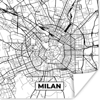 Poster Kaart - Milaan - Stadskaart - Zwart Wit - Plattegrond - 100x100 cm XXL