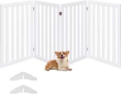 COSTWAY Afsluitrooster voor honden, 89 cm hoog, 4 panelen, beschermingsrooster, hout, kinderrooster, inklapbaar, traphek, hondenafsluitrooster, flexibel, deurbeschermingsrooster, wit